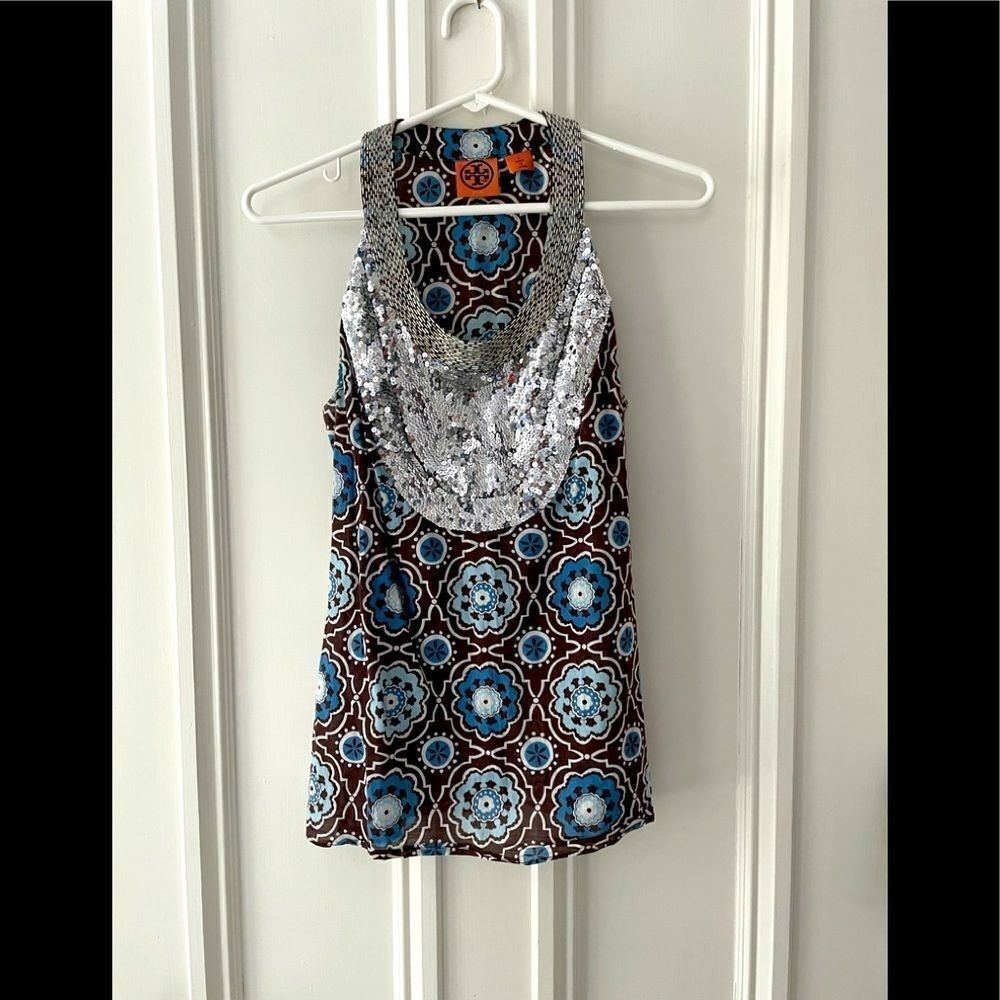 Tory Burch silver sequin brown/blue floral tank 6